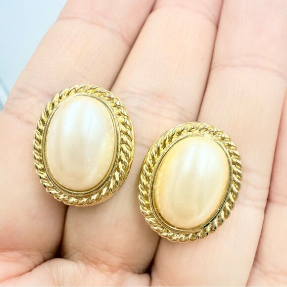 1980s Monet Gold Plated Faux Pearl Pierced Earrings - Picture 1 of 5
